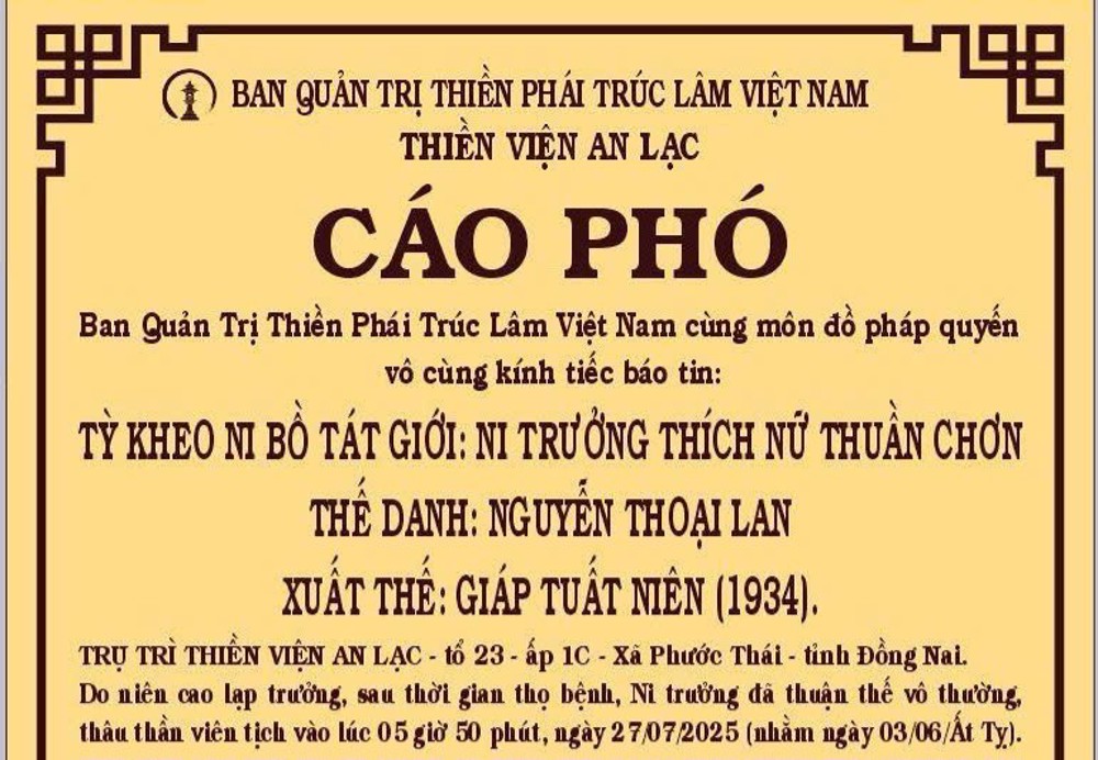 Cáo Phó: Ni trưởng Thích Nữ Thuần Chơn viên tịch