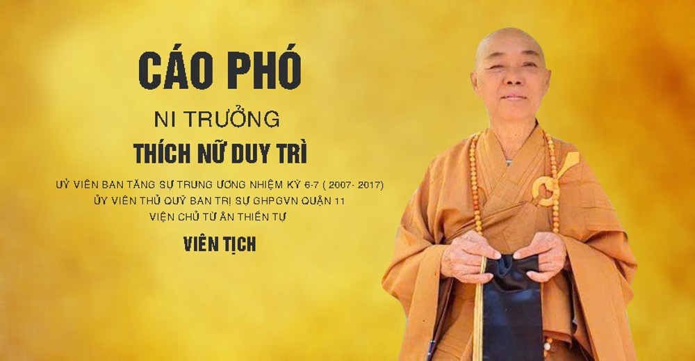 Cáo phó: Ni trưởng Thích nữ Duy Trì viện chủ Từ Ân thiền tự viên tịch
