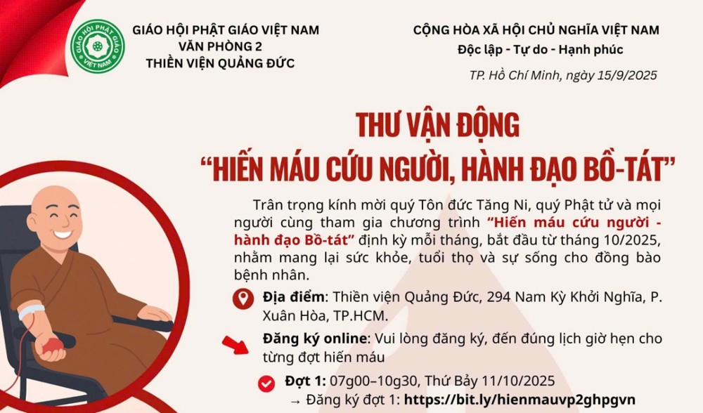 Thư mời tham gia chương trình "Hiến máu cứu người - Hành Bồ-tát đạo"