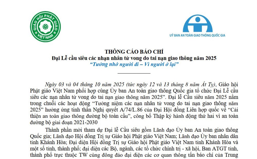 Thông Cáo Báo Chí: Đại lễ cầu siêu các nhạn nhân tử vong do tai nạn giao thông năm 2025 “Tưởng nhớ người đi – Vì người ở lại”